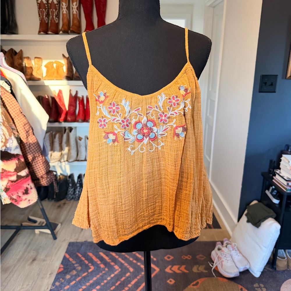 White Crow Mustard Floral Embroidered Tank Top